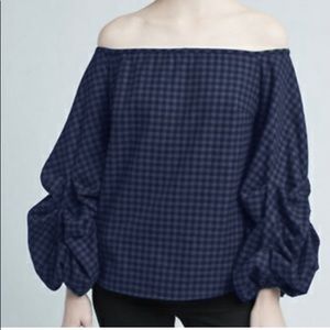 Guest Editor Black & Blue Checkered Off The Shoulder Blouse with Puff Sleeves